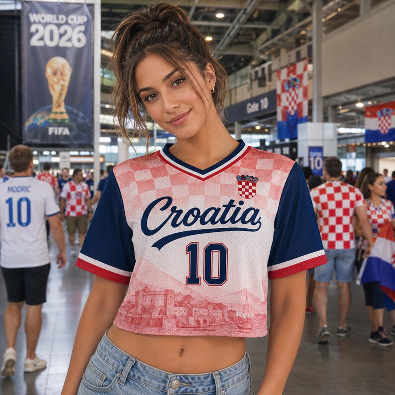 May include: A cropped Croatia soccer jersey featuring a red and white checkered pattern on the upper chest, dark blue sleeves with red and white trim, the word Croatia in blue script, the number 10 in blue, and a red graphic of a coastal city.
