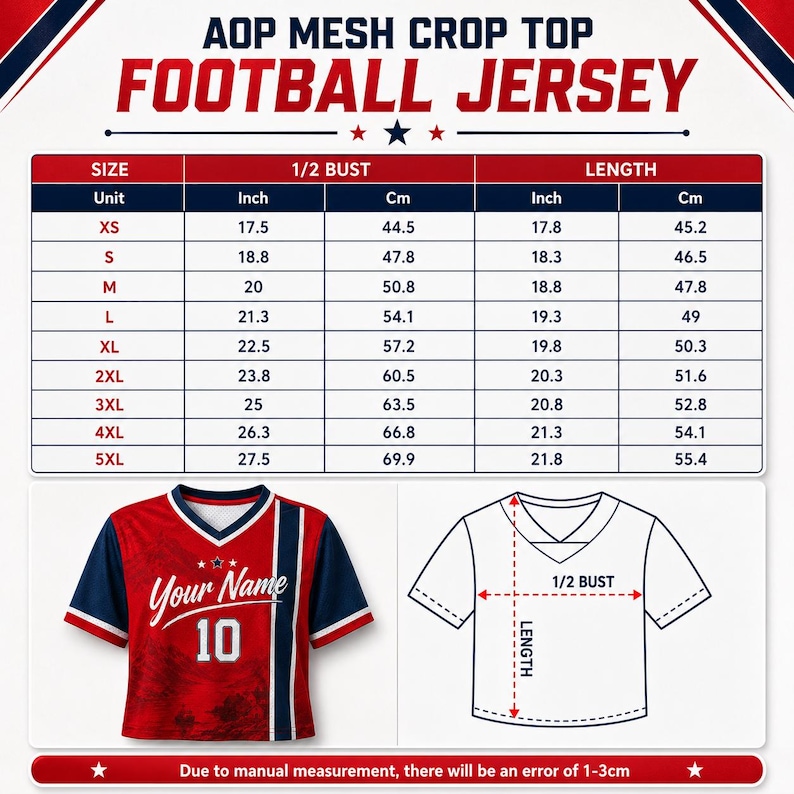 May include: A size chart for an AOP mesh crop top football jersey. The chart lists sizes XS through 5XL with corresponding 1/2 bust and length measurements in inches and centimeters. A red and blue jersey graphic and a line drawing are included.