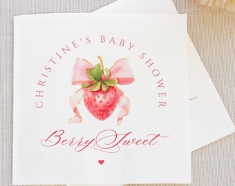 Personalized Baby Shower Napkins – Strawberry Berry Sweet Circle Design, Pink Fruit Table Decor with Custom Name, Cute Party Accessories