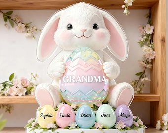 Personalized Easter Gifts for Grandma, Bunny Acrylic Block Plaque with Kids Names, Custom Easter Decor Keepsake, Easter Gifts, Bunny Decors