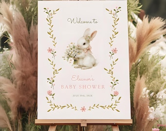 Bunny Baby Shower Welcome Sign Floral Bunny Baby Shower Decor Personalized Baby Shower Welcome Poster Rabbit Baby Shower Entrance Sign