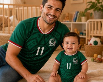 Personalized Mexico Soccer Dad and Baby Matching Jersey Set, Custom Name Number Shirt and Onesie, Game Day Outfit, Baby Onesie Gift