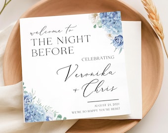 Welcome to The Night Before Napkins – Personalized Wedding Rehearsal Dinner Cocktail Napkins – Custom Names & Date Blue Floral Party Decor