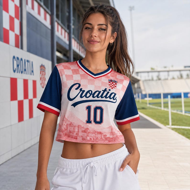 May include: A cropped short-sleeve jersey featuring a red and white checkered pattern, the word Croatia in blue script, the number 10 in blue, and a small Croatian crest. The sleeves are dark blue with red and white trim at the cuffs.