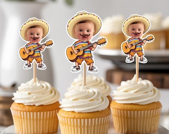 Custom Mexican Guitarist Cupcake Topper, Personalized Fiesta Photo Cake Picks, Cinco de Mayo Party Cupcake Decorations, Custom Cake Topper
