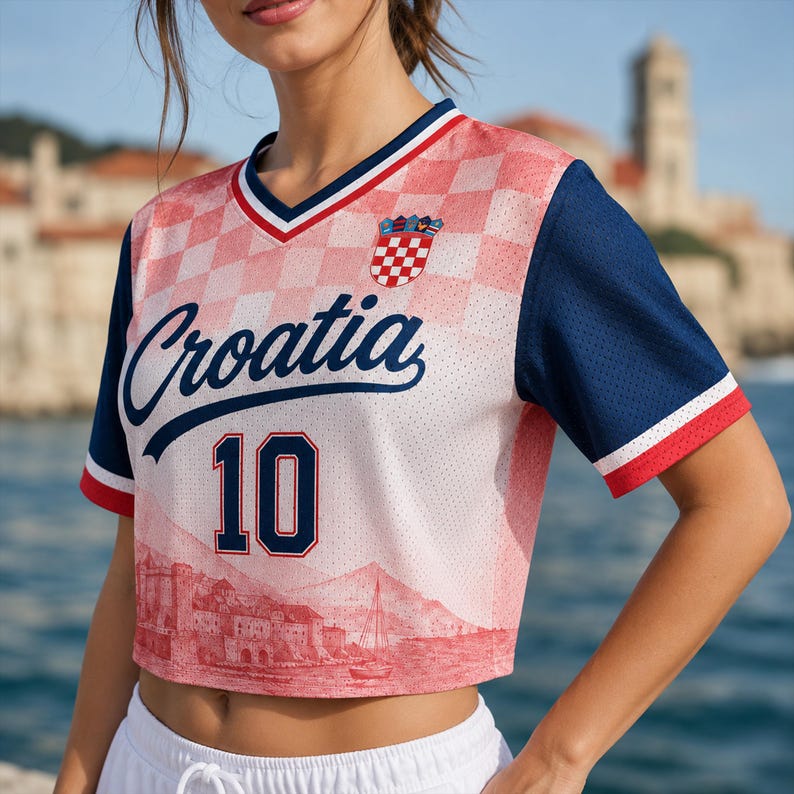 May include: A short-sleeved V-neck jersey featuring a red and white checkered pattern, the text Croatia, the number 10, and a small crest. The shirt has solid navy blue sleeves with red and white trim, and a red graphic of a coastal town.