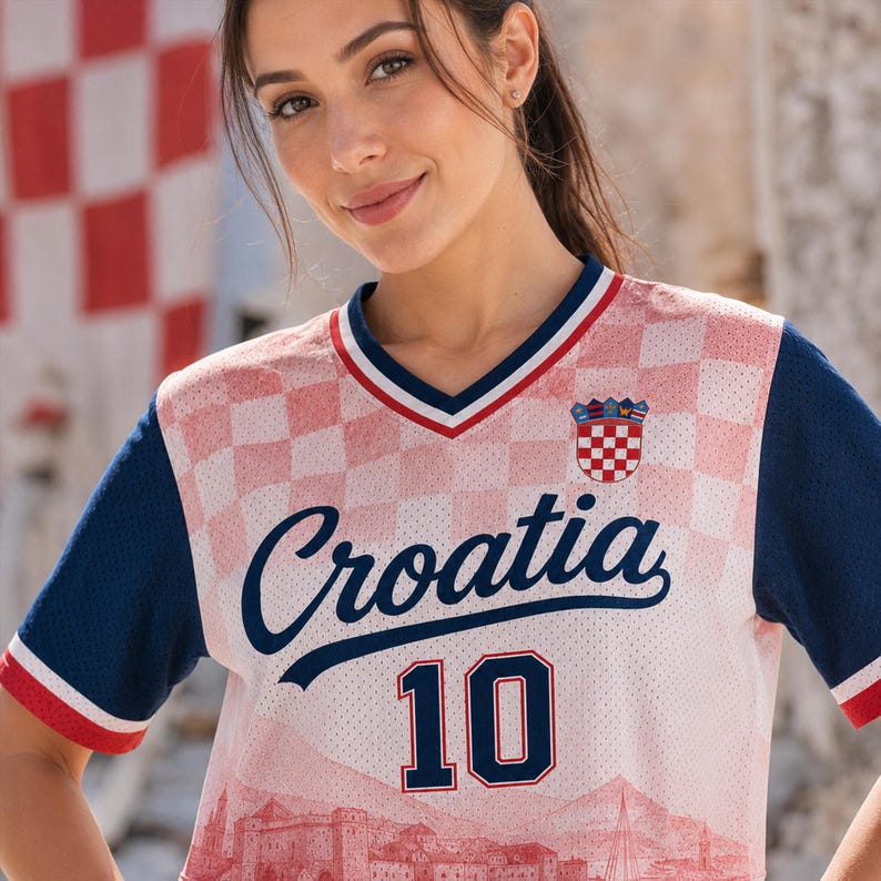 May include: A V-neck jersey featuring a red and white checkered pattern on the chest, dark blue sleeves with red and white trim, the word Croatia in blue script, the number 10 in blue, and a small Croatian coat of arms emblem on the upper left.