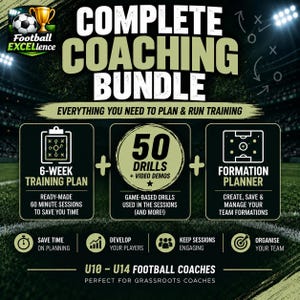 May include: A digital graphic titled Complete Coaching Bundle for U10-U14 football coaches. It features a 6-week training plan, 50 drills with video demos, and a formation planner. The design includes icons, text, and a soccer field background.