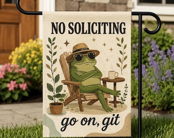 Funny No Soliciting Garden Flag, Frog Porch Decor, Rustic Go Away Yard Banner, Introvert Gift, Outdoor Welcome Sign