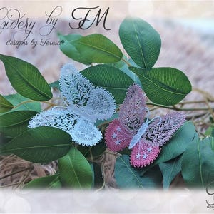 Può includere: Due delicate decorazioni a forma di farfalla, simili a pizzo, in bianco e rosa, appoggiate su foglie verdi. Le farfalle presentano motivi intricati e sono poste su uno sfondo morbido e sfocato. L'immagine include il testo "Embroidery by TM designs by Teresa".