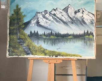 Misty Mountains original oil painting, Alpine lake landscape, knife Art, wall decor,