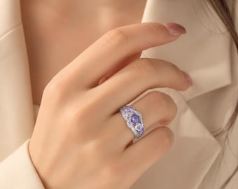 Sterling Silver Mystic Topaz Ring, Purple Cubic Zirconia Heart Ring for Women, Statement Gemstone Band, Promise Ring, Romantic Gift for Her