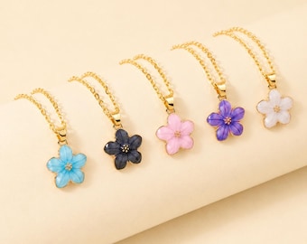 Gold Enamel Flower Necklace, Dainty Floral Pendant, Cottagecore Jewelry