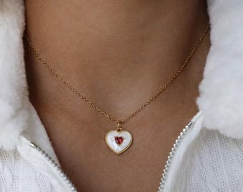 White Enamel Heart Necklace – Red Zircon Romantic Pendant
