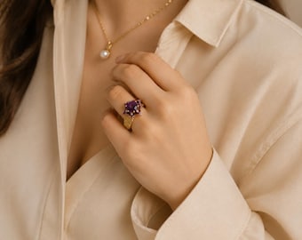Amethyst Flower Ring, Elven Gold Ring, Gothic Engagement Ring, Nature Inspired Statement Ring, Purple Stone Branch Ring for Women