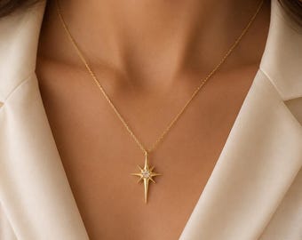 Gold Starburst Necklace, Celestial North Star Pendant, Dainty Layering Jewelry