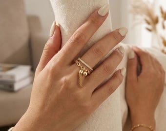 Adjustable Double Layer Ring, Gold Fringe Tassel Ring, Curb Chain Crystal Band, Minimalist Dainty Jewelry, Stackable Open Ring For Women