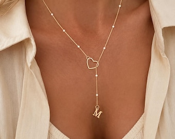 18K Gold Plated Heart-Shaped Lariat Necklace, Stainless Steel Pearl Letter Necklace, Personalized Letter Necklace