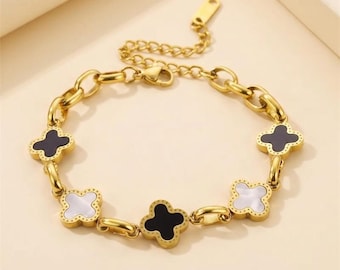 Four Leaf Clover Bracelet: Stainless Steel, Black and White Enamel Charms, Silver Link Chain