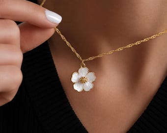 Gold Cherry Blossom Necklace, White Enamel Flower Pendant, Dainty Floral Bridesmaid Gift, Minimalist Layering Chain Jewelry for Women