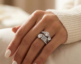 Silver Plated Statement Ring for Women Cubic Zirconia Stackable Ring Set Copper Band Ring, Boho Chunky Ring, Crystal Eternity Ring Size 6-10