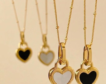 Gold Heart Padlock Necklace, Mother of Pearl Heart Pendant, Black Onyx Heart Charm, Dainty Satellite Chain, Valentine Day Gift