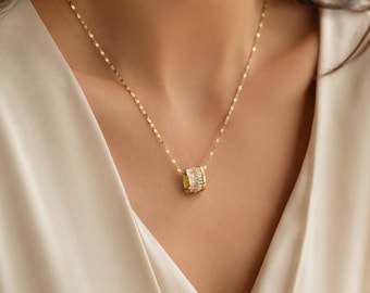 18K Gold Plated Cylinder Pendant Necklace for Women, Waterproof Stainless Steel Baguette Zircon Wheel Charm, Dainty Everyday Jewelry Gift