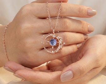 Dainty Moon and Star Necklace, Crescent Moon Pendant, Celestial Blue Stone Necklace, Galaxy Jewelry, Birthday Gift for Her, Gift for Mom