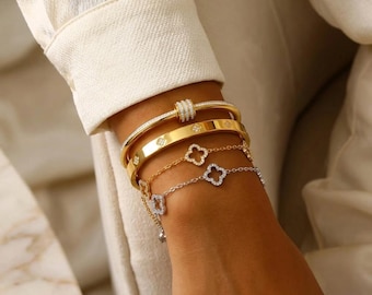 Gold Clover Charm Bracelet Stack, Silver Flower Bangles Set, Minimalist Stainless Steel Jewelry
