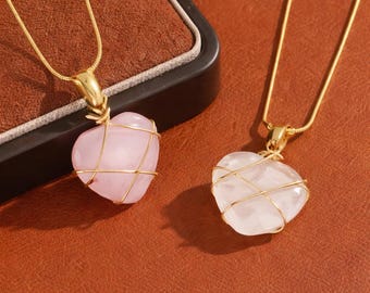Pink Moonstone Heart Necklace Set, Y2K Friendship Jewelry, Matching Couples Gift