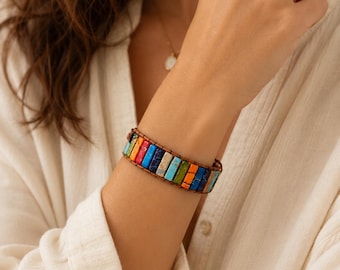 Boho Rainbow Stone Wrap Bracelet, Colorful Imperial Jasper Leather Cuff Chakra Healing Crystal Jewelry Bohemian Gift for Her Hippie Bracelet
