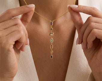 Gold Y Lariat Necklace, Multi Color Gemstone Pendant, Retro Drop Chain Jewelry