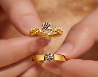 Adjustable Open Couple Ring Set, 2pcs Shiny Engagement Rings for Men and Women, Elegant Daily Wear Promise Jewelry
