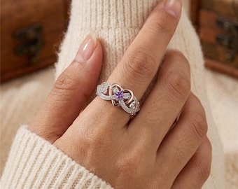 Purple Amethyst Engagement Ring, Two Tone Rose Gold and Silver Infinity Heart Ring, Promise Ring for Her, Celtic Knot Anniversary Gift