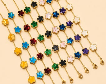 Adjustable Colorful Stone Gold Clover Bracelet, Elegant Four-Leaf Clover Chain Bracelet, Minimalist Flower Link Bracelet,for Girl friend
