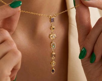 7 Chakra Stone Necklace, Gold Plated Layering Necklace, Dainty Rainbow Crystal Jewelry, Bohemian Rustic Necklace, Christmas Gift for Women