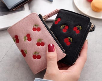 Cherry Embroidered Mini Wallet, Vertical Snap Compact PU Cash Holder