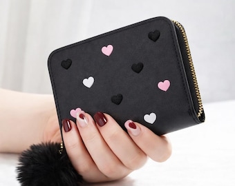 Embroidered Heart Leather Wallet, Small Coin Purse, Handbag Accessory