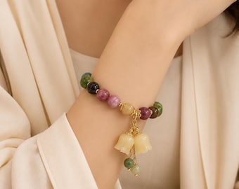 Adjustable Multi Color Tourmaline Bracelet, Beaded Gemstone Bracelet, Dainty Flower Charm Bracelet, Crystal Healing Jewelry