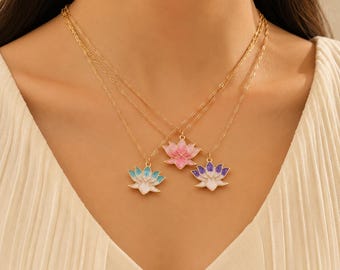 Enamel Lotus Flower Necklace Dainty Gold Lotus Pendant Pink Purple Turquoise Celestial Jewelry Spiritual Yoga Gift for Her Birthday