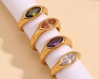 Gold Marquise Signet Ring, Colorful Zircon Statement Ring, Waterproof Stainless Steel Jewelry, Chunky Evil Eye Ring Gift for Her
