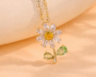 Cubic Zirconia Sunflower Pendant Necklace, Titanium Steel Clavicle Chain