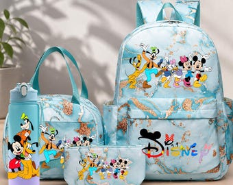 Disney Mickey Mouse Friends 4PCS Backpack Set, Kids School Backpack Lunch Bag Pencil Case Water Bottle, Disney School Bag for Boys Girls