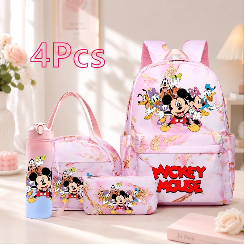 May include: A four-piece set featuring a pink marble-patterned backpack, a matching handbag, a pencil case, and a water bottle. Each item displays a graphic of Mickey Mouse and friends. The backpack features the text Mickey Mouse in bold red letters.