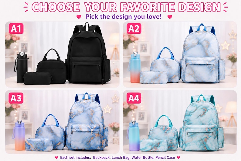 May include: Four sets of school supplies labeled A1 through A4, each including a backpack, lunch bag, pencil case, and water bottle. Set A1 is solid black. Sets A2, A3, and A4 feature marble patterns in blue and white with gradient water bottles.