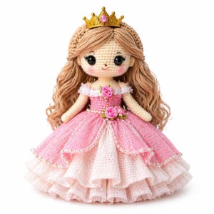 Könnte beinhalten: Handgefertigte Häkelpuppe einer Prinzessin in einem rosa Kleid mit goldener Krone. Die Puppe hat lange, wellige braune Haare und ein lächelndes Gesicht. Das Kleid ist mit rosa Rosen und weißer Spitze verziert.