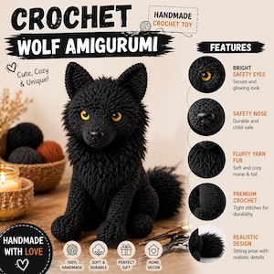 Puede incluir: Amigurumi de lobo de ganchillo negro hecho a mano con ojos de seguridad brillantes y pelaje de hilo suave. El texto de la imagen dice "Crochet Wolf Amigurumi" y "Handmade Crochet Toy". El lobo está sentado con un diseño realista.