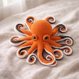 Könnte beinhalten: Eine handgefertigte gehäkelte Krake in Orange mit braunen und weißen Akzenten. Die Krake hat große, runde Augen und gekräuselte Tentakel. Das Spielzeug ist aus weichem Garn gefertigt und wahrscheinlich ein Kinderspielzeug oder ein Dekorationsartikel.