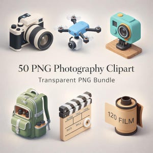 Op de afbeelding: Een verzameling fotografie-thema clipart in een PNG-bundel. Bevat een DSLR-camera, een drone, een turquoise actiecamera, een groene rugzak, een filmklapper en een rol 120 film. De tekst luidt "50 PNG Photography Clipart" en "Transparent PNG Bundle".