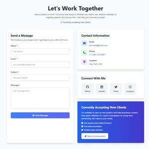 Pu&ograve; includere: Un modulo di contatto del sito web con il testo "Let's Work Together". Il modulo include campi per nome, email, oggetto e messaggio. Vengono visualizzate anche le informazioni di contatto e i collegamenti ai social media. La pagina indica "Attualmente accettando nuovi clienti".